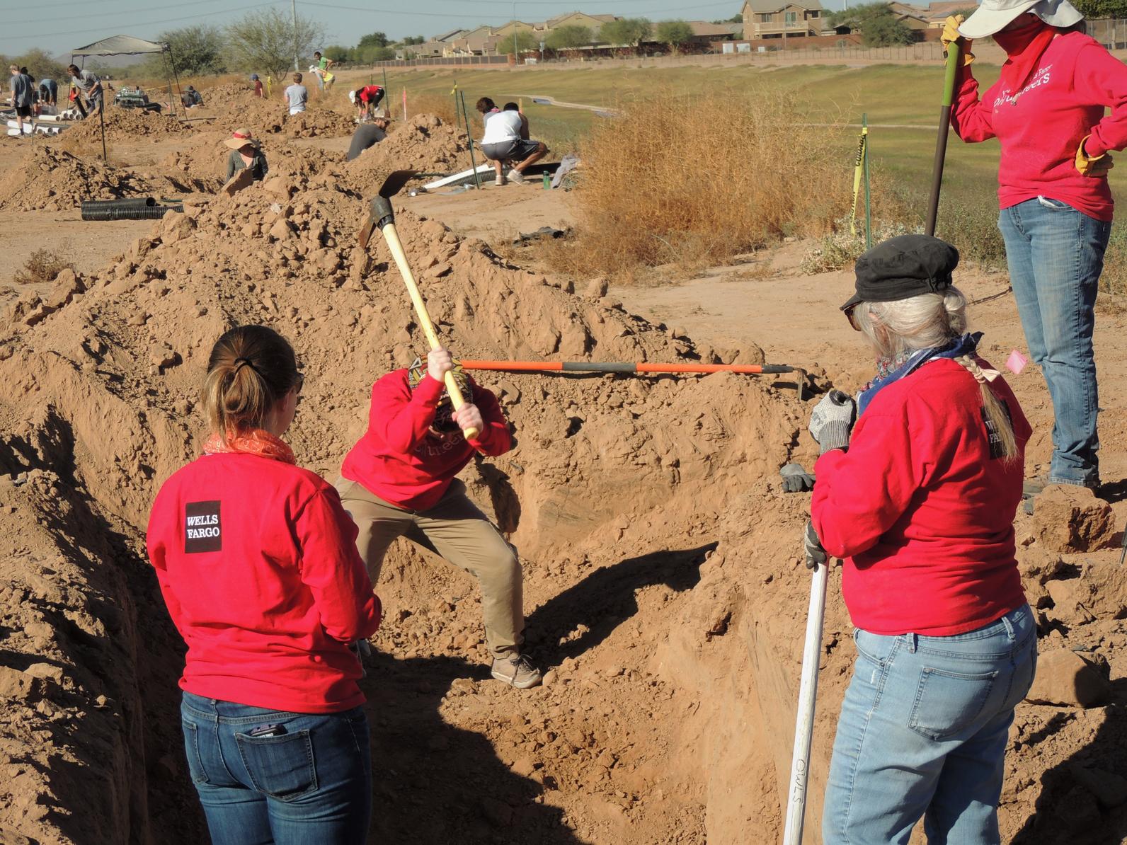 Volunteers dig a ditch with a pickax to install artificial owl burrows.